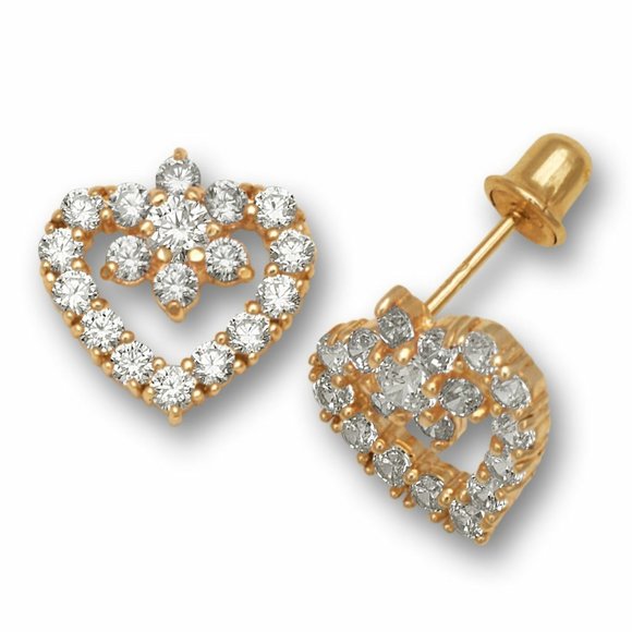 Solid 14K Yellow Gold Heart Shape Screw Back Earrings with Sparkling Birthstone - Picture 1 of 13